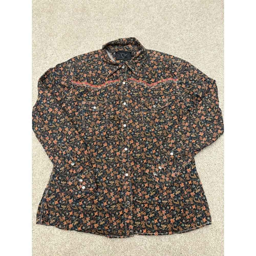 Women's Cowgirl Hardware Pearl Snap Button Down Shirt Floral Patterned Large VTG